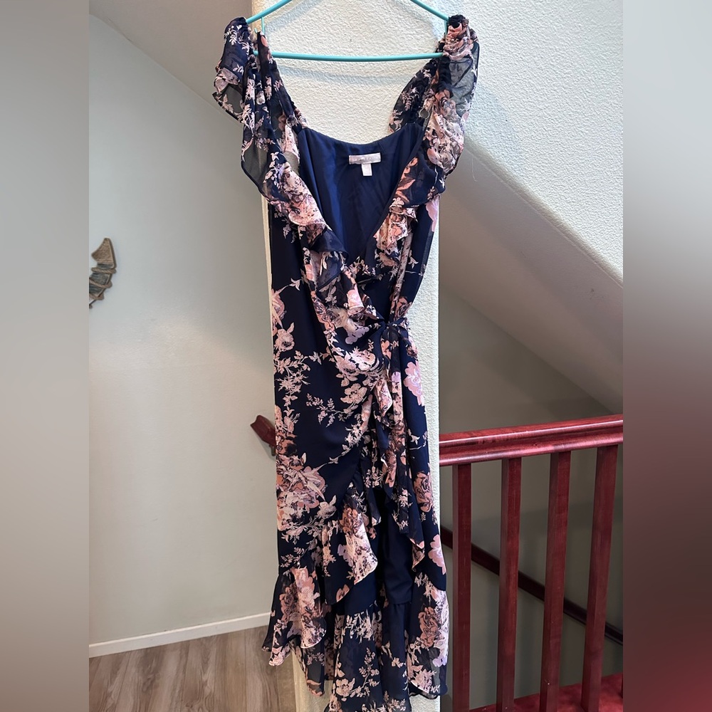 Chelsea28 Floral Ruffle Wrap Midi Dress Navy Romantic Cottagecore